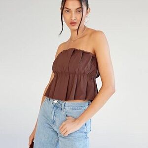 Glassons Pleated Brown Strapless Peplum Top